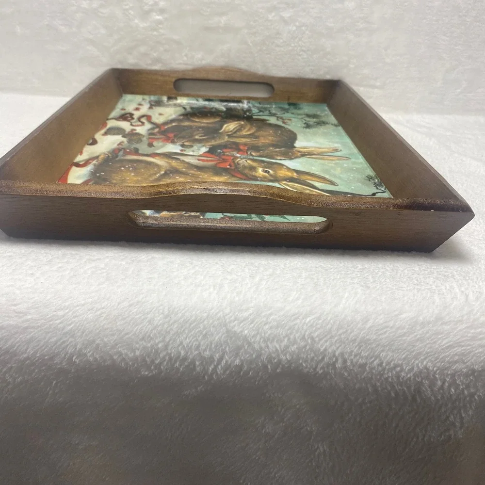 VTG Rabbits In The Snow Wooden Serving Tray Decorative‎ Farmhouse Christmas